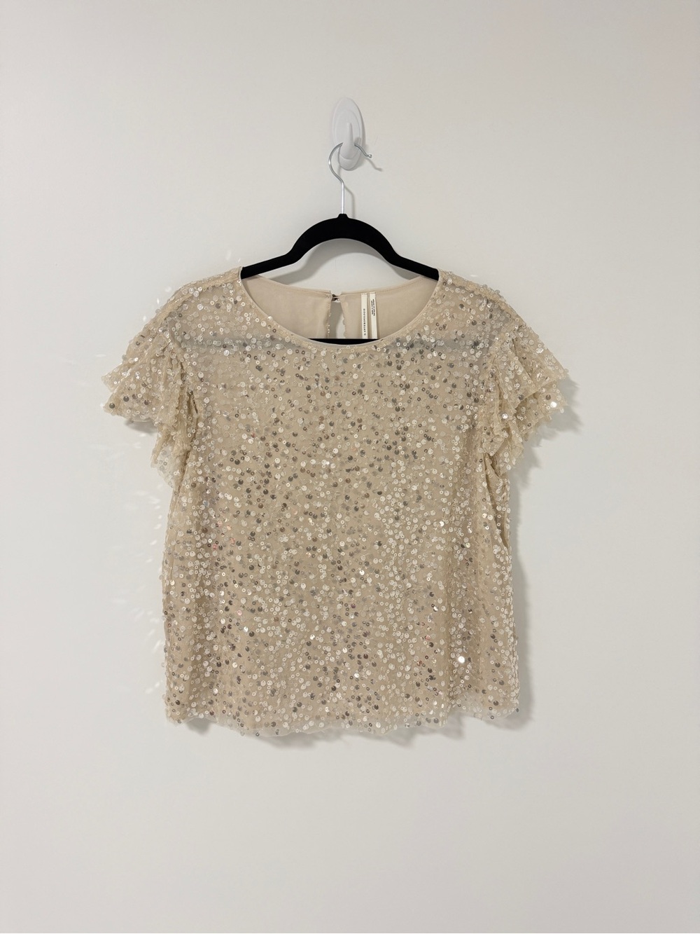 Anthropologie Champagne Sequin Flutter Sleeve Top